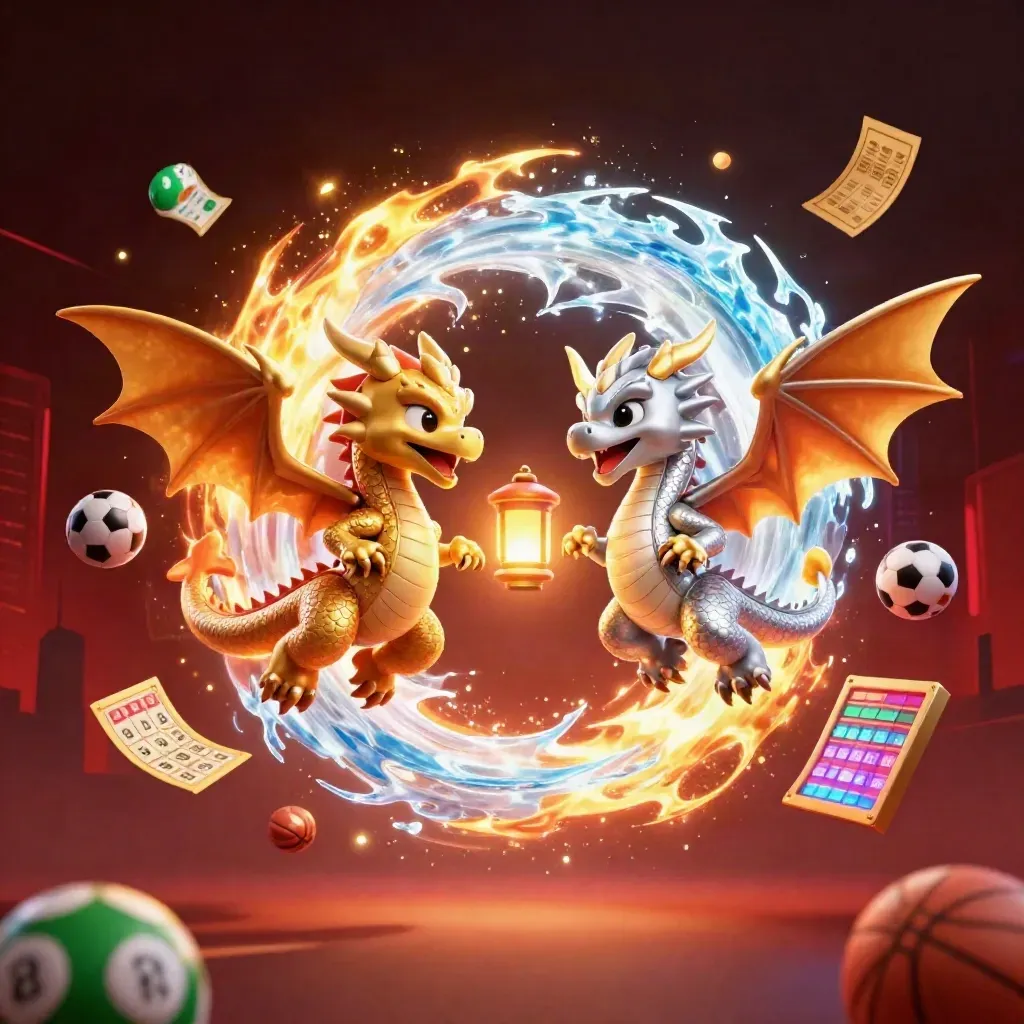 Twin gold and silver dragons burst through casino lights with lottery balls and tickets