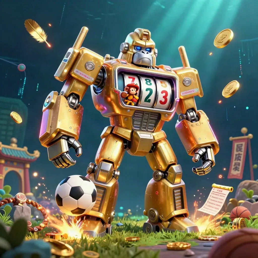 Golden gorilla mech and monkey pilot with balls, coins, and neon temple energy