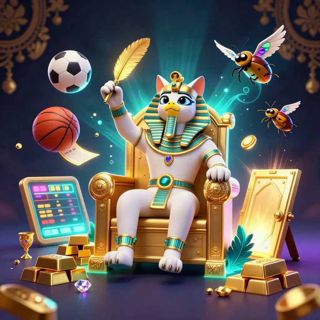 Pharaoh cat, ibis scribe, scarabs and casino gold burst around balls and vault light.