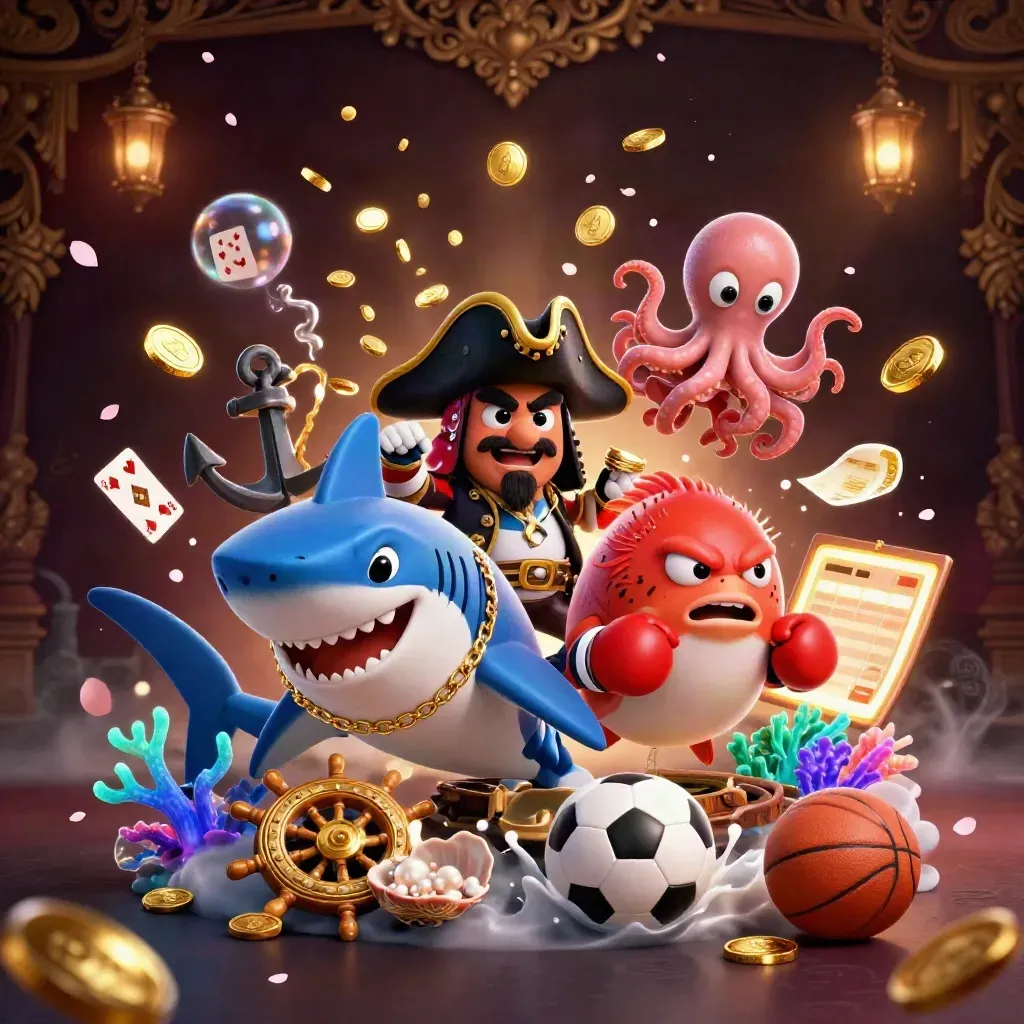 Pirate shark, pufferfish, and octopus amid coins, coral, cards, and casino glow underwater.