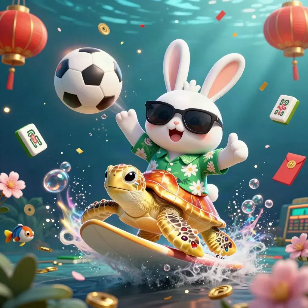 Lucky rabbit on a golden turtle amid casino tiles, coins, lanterns and sports balls underwater.