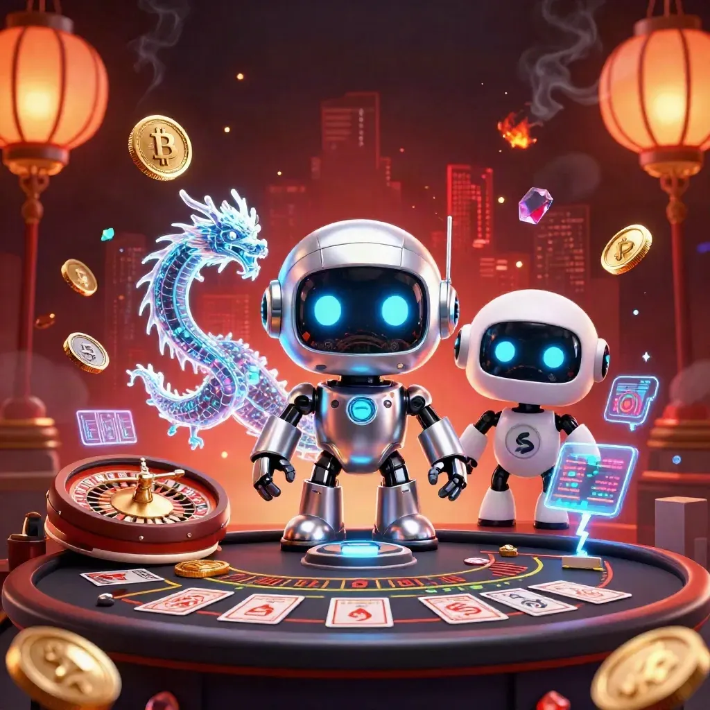 Robot, holographic dragon and coin drone in a luxe casino room with glowing coins and red light.