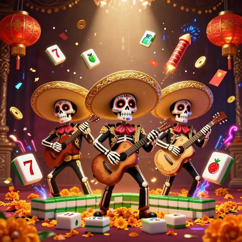 Three Day-of-the-Dead mariachi skeletons amid neon casino effects, gold and emerald glow.