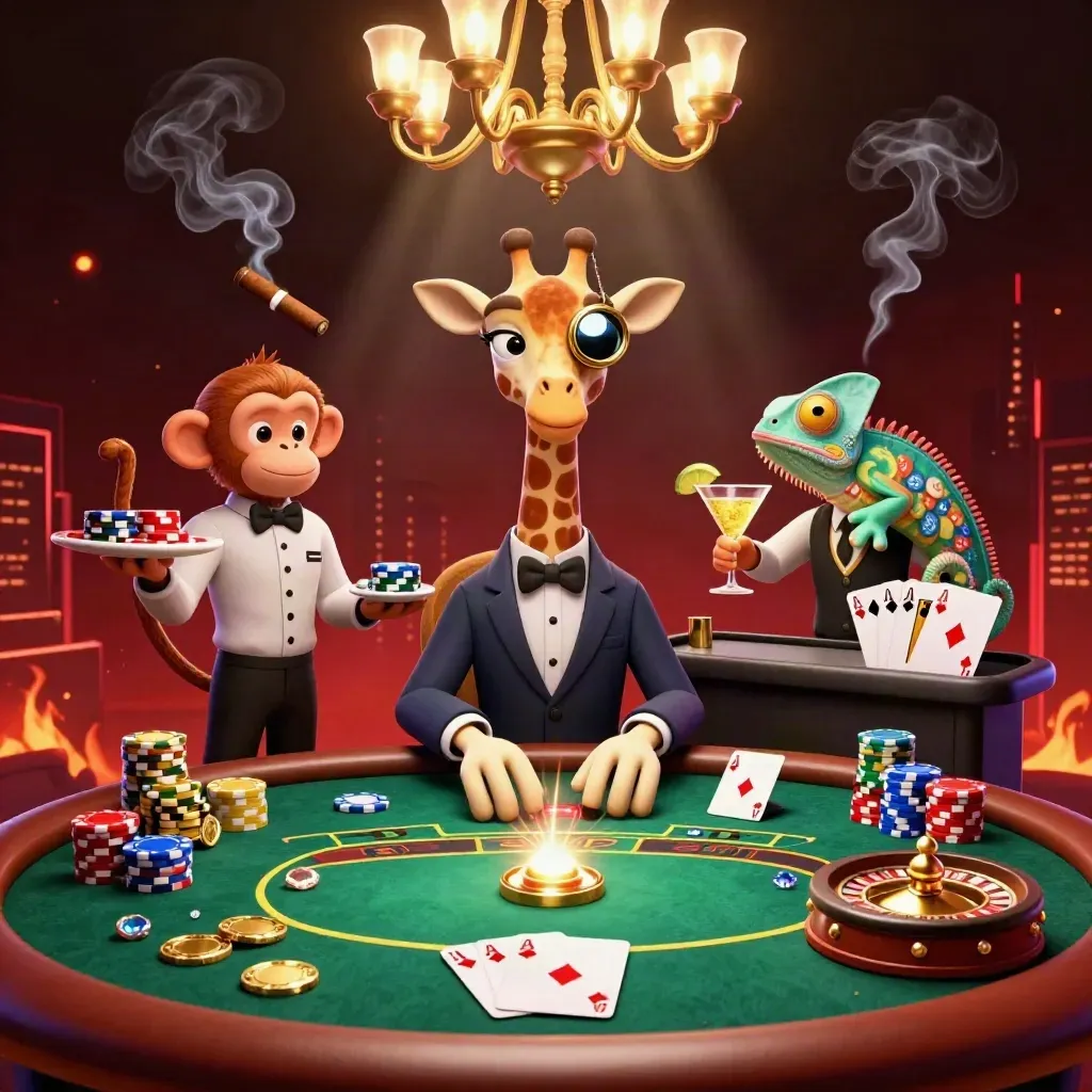 Giraffe high roller, monkey valet, and chameleon bartender in a luxe casino scene with coins, gems, chips, and roulette wheel.