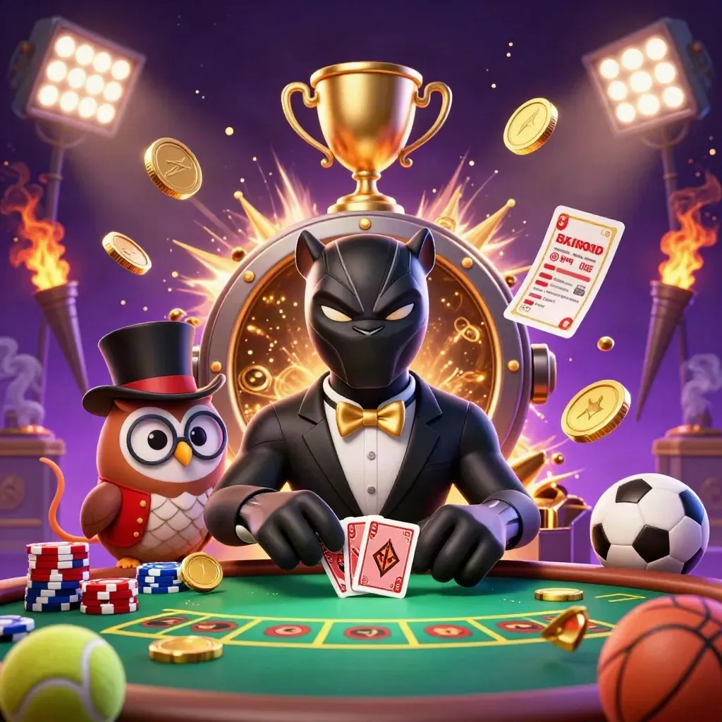 Panther, owl and mouse amid bursting coins, vault light, sports balls and fireworks.