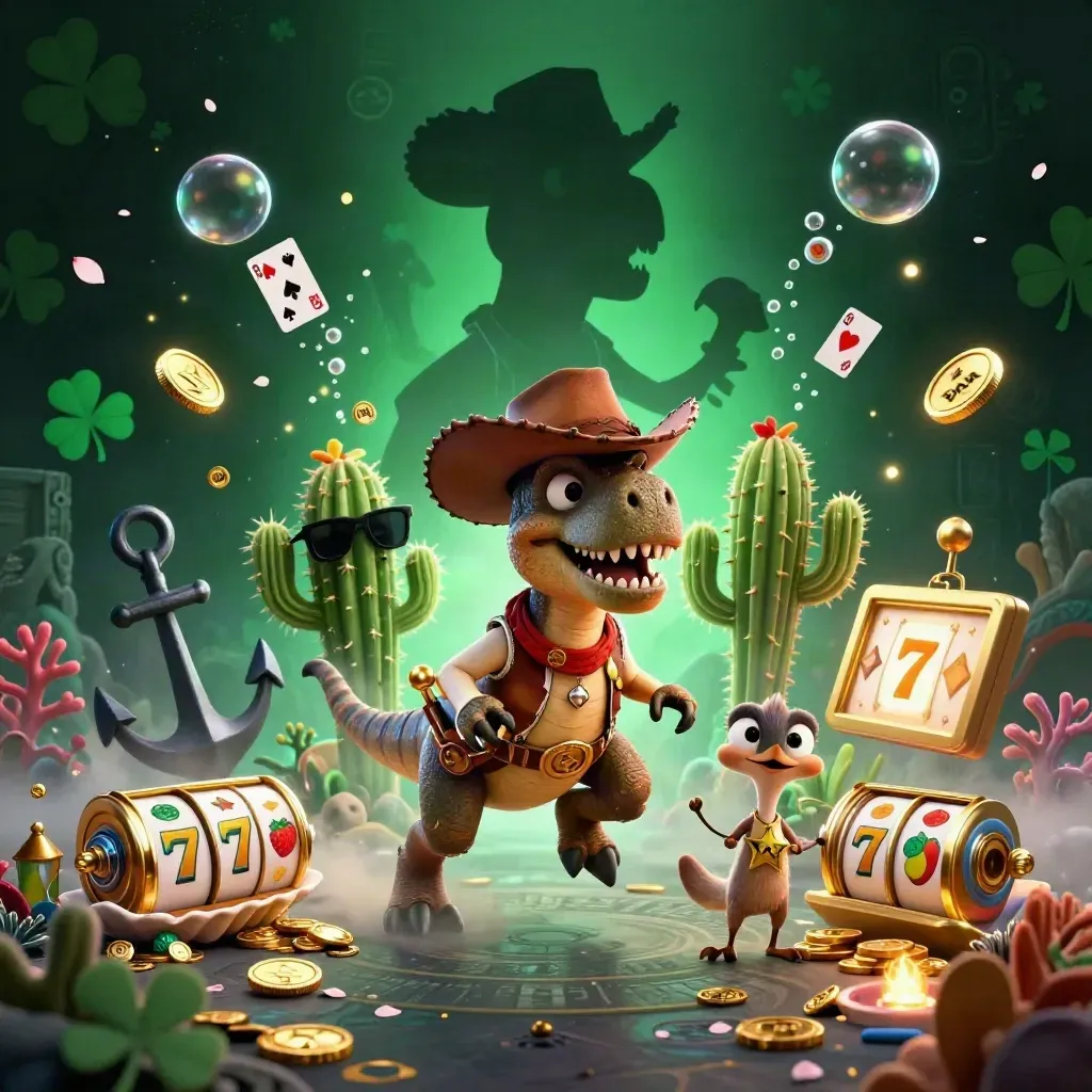 Cowboy T-Rex with cactus sidekick and roadrunner amid casino treasure, coins, coral, reels, and glowing effects.