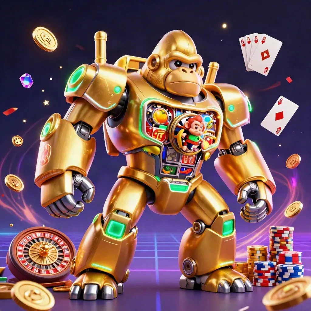Golden gorilla slot mech with tiny pilot amid coins, reels, chips, and casino sparks.