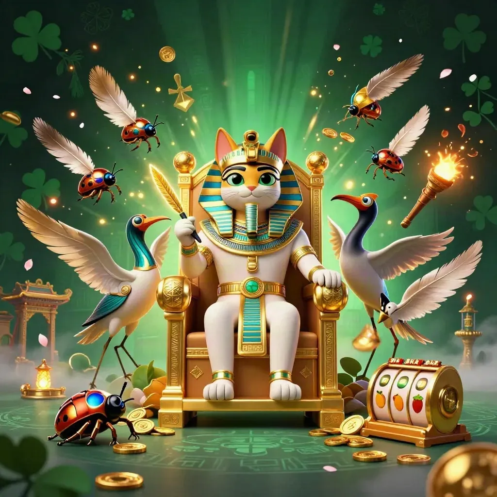 Pharaoh cat on golden throne with ibis scribe and gem-winged scarabs amid casino relics