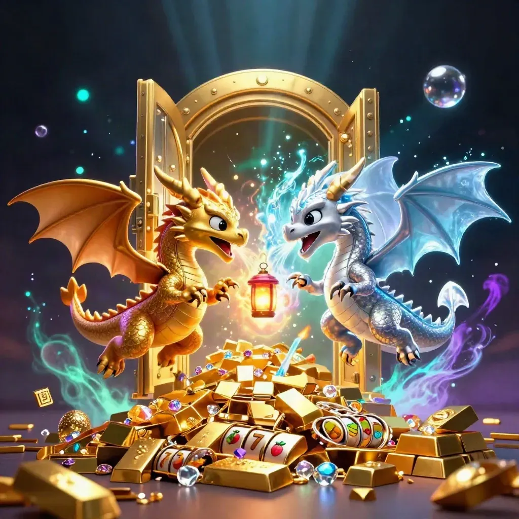 Gold and silver dragons spiral around a lantern spirit with treasure, reels, gems, and vault light.