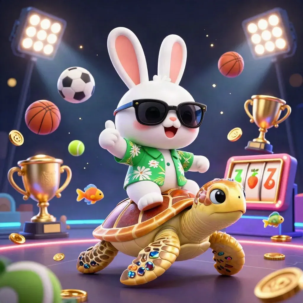 Lucky rabbit on a golden sea turtle with sports balls, coins, and neon casino effects